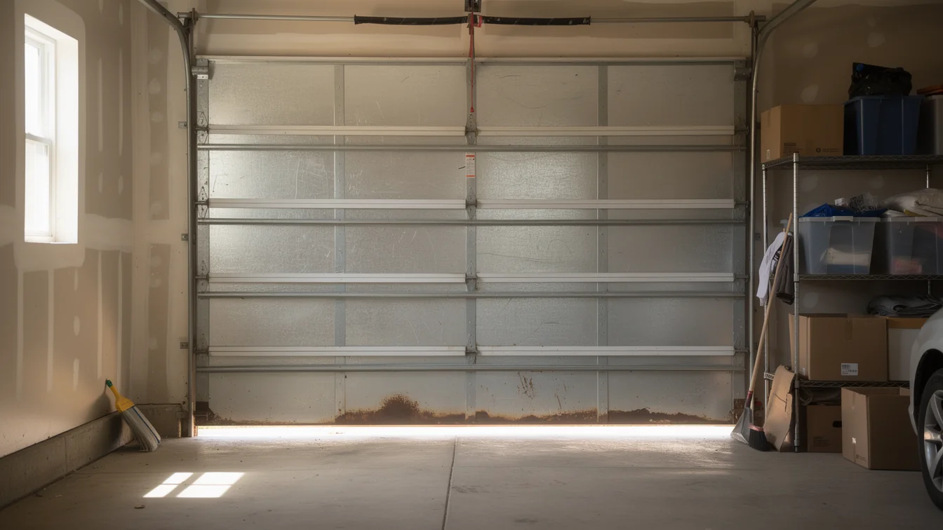 The garage door is closed, showing rust along the bottom panel.