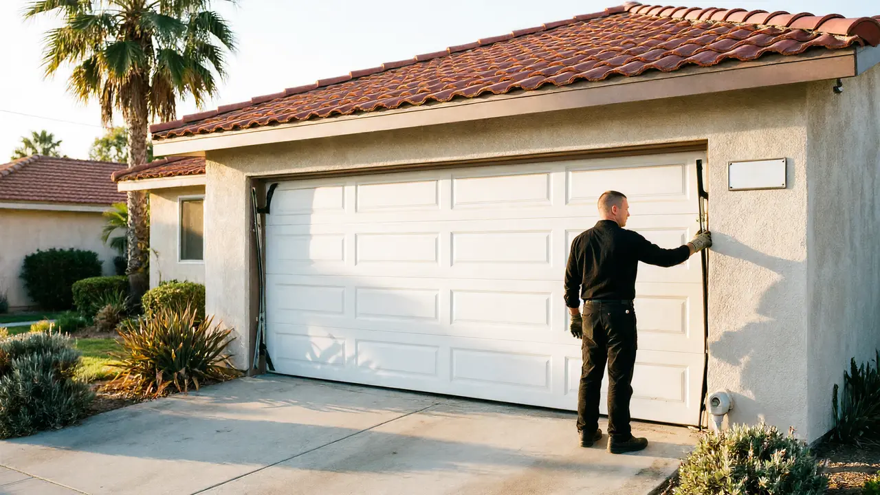 Installer fitting the track for a new white carriage-style garage door in a brick garage