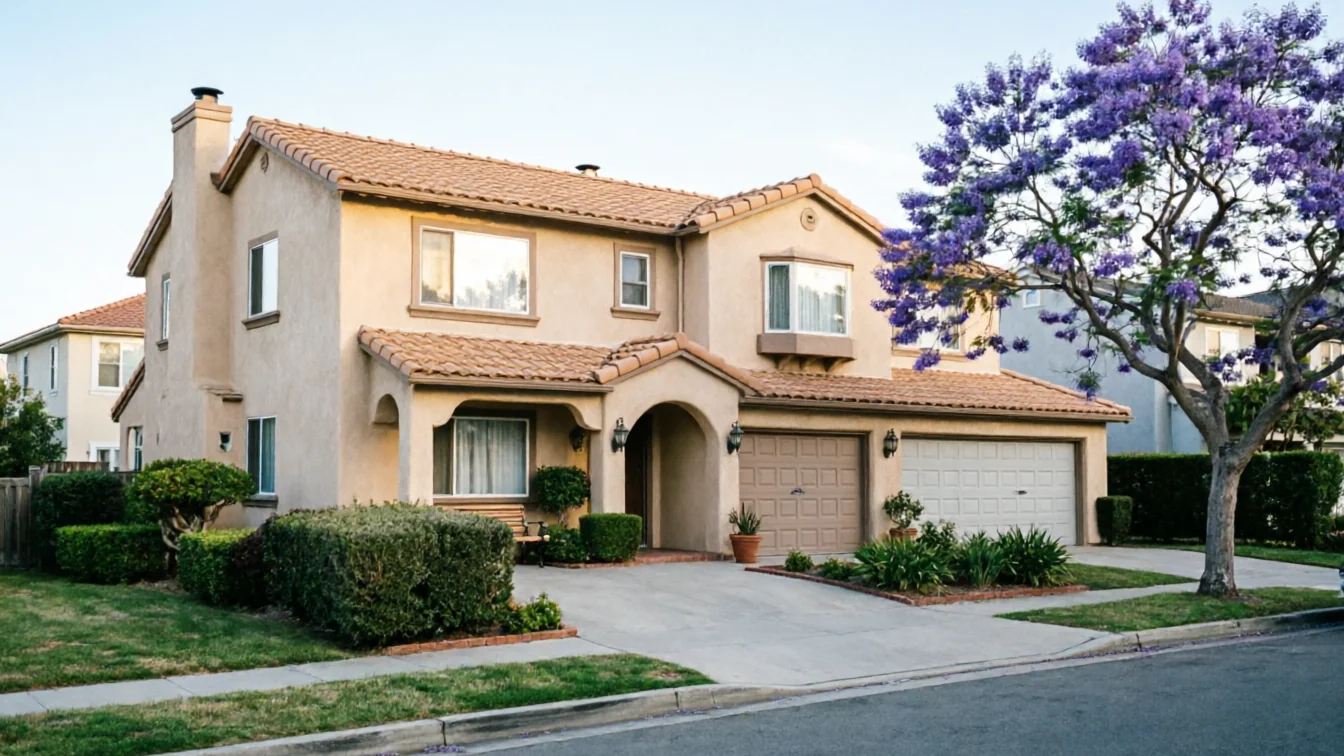The house has two garage doors, a driveway, and a purple flowering tree.
