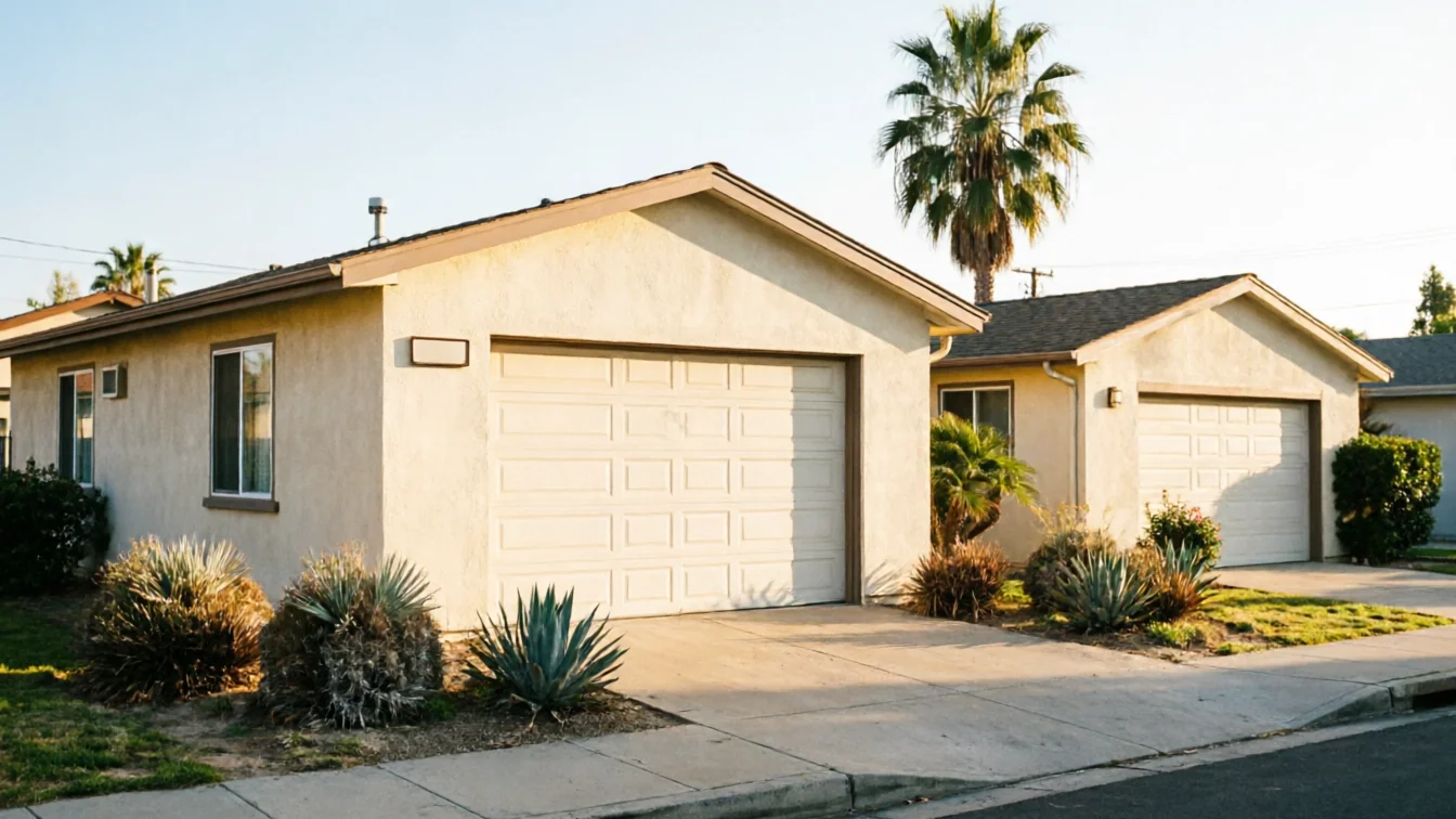 Two houses with attached garages and light-colored garage doors are visible.