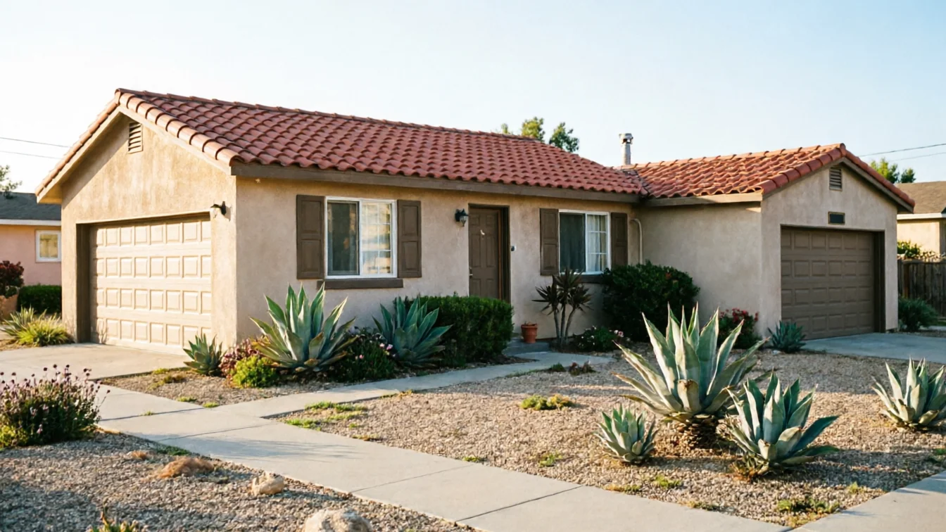A house with two brown garage doors and a red tile roof.
