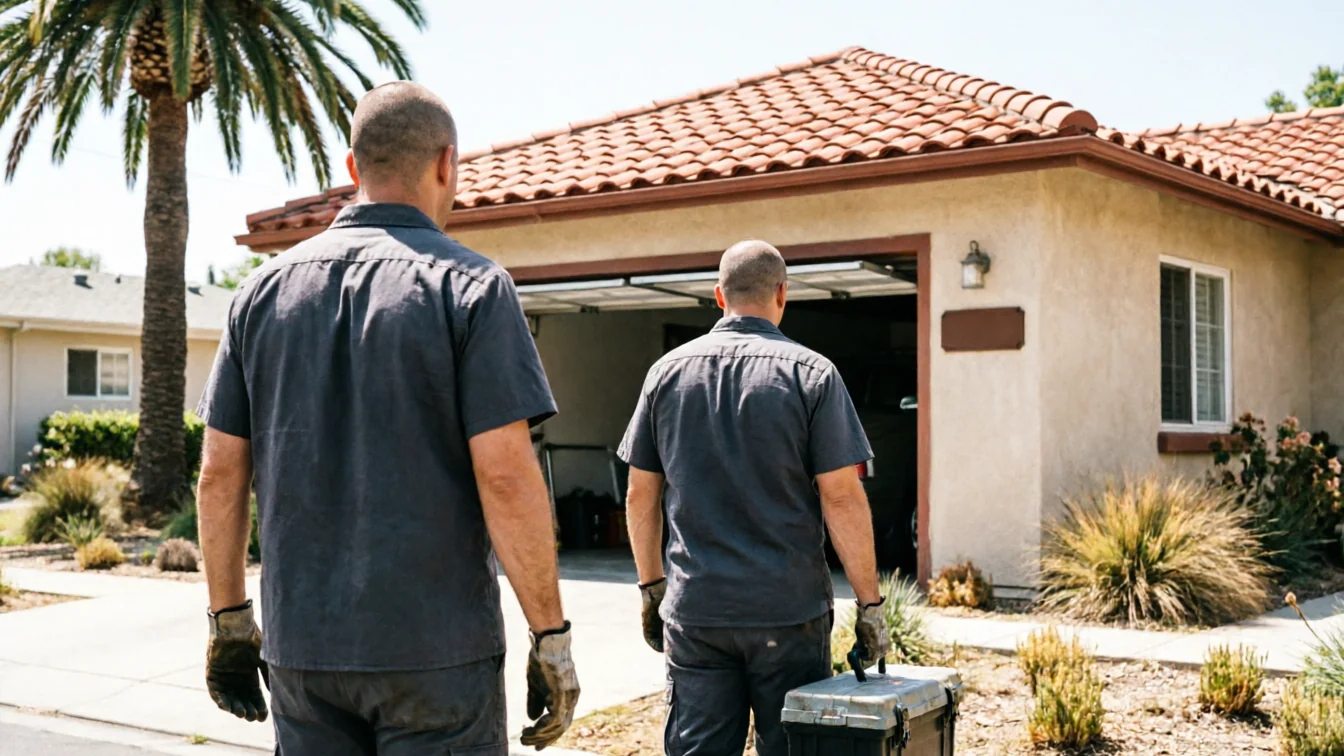 Two technicians walk towards a house with an open garage door.