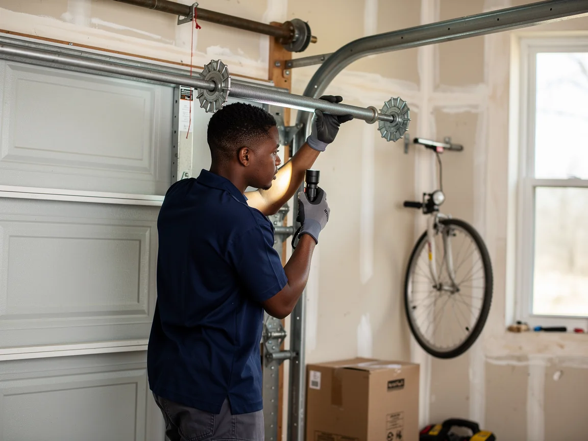A technician in a blue shirt inspects a garage door torsion spring with a flashlight.