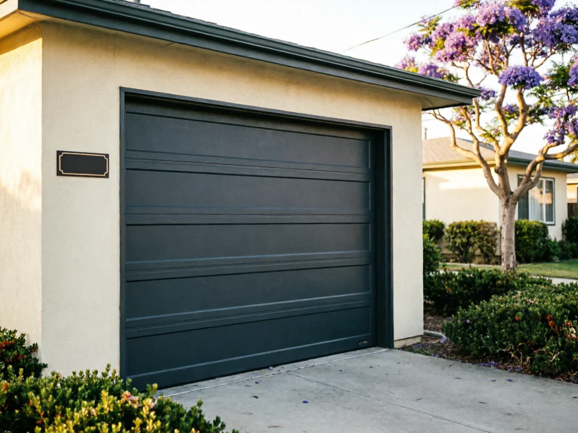 A dark gray garage door is on a light beige house with green bushes.