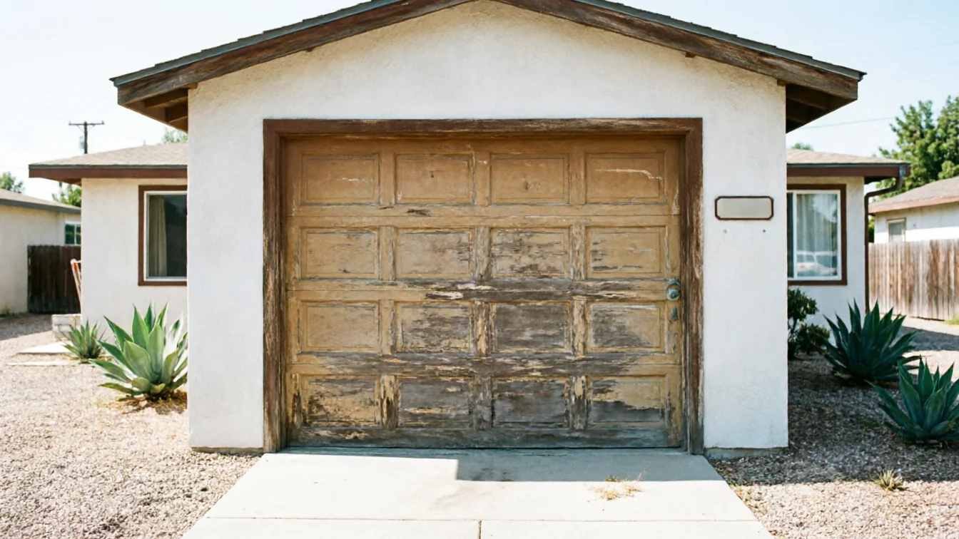 A weathered wooden garage door with peeling paint on a white stucco building.