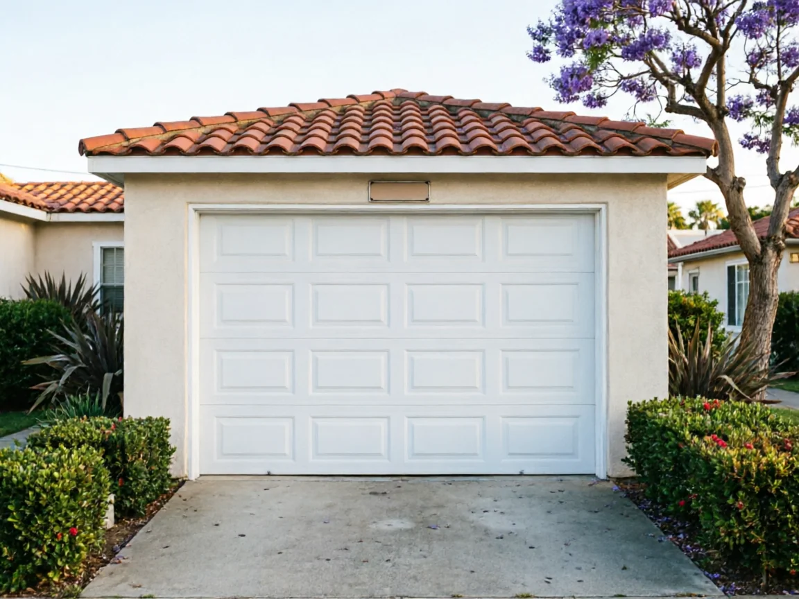 A white panel garage door on a stucco house with a tiled roof.